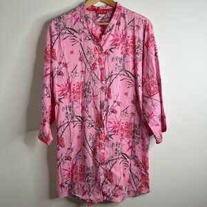 Josie Natori Tunic Shirt Sz XL Pink Asian Cherry Blossom‎ Print Mandarin Collar